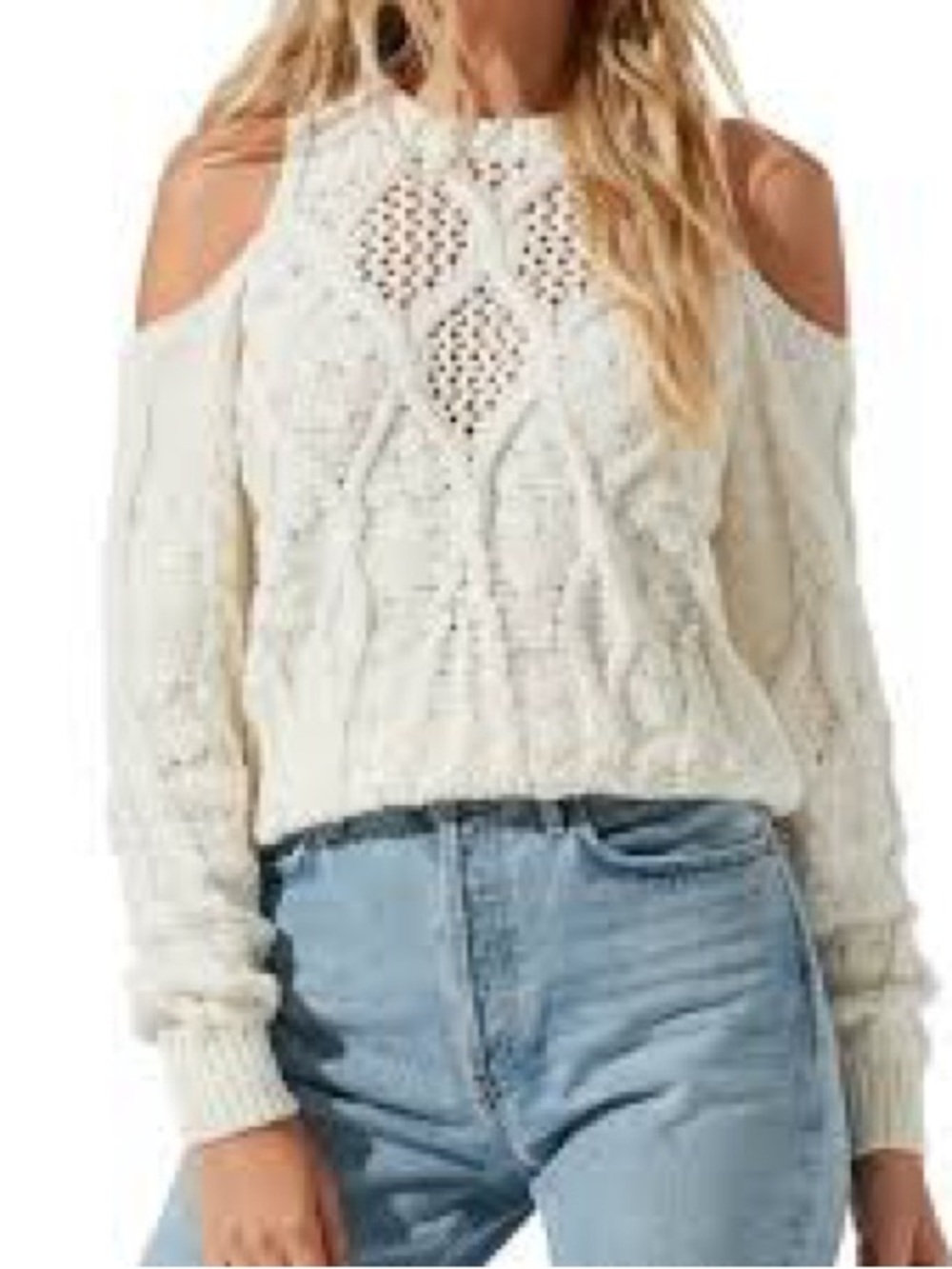 Astr the Label Cream Cold-Shoulder Cable Knit Sweater